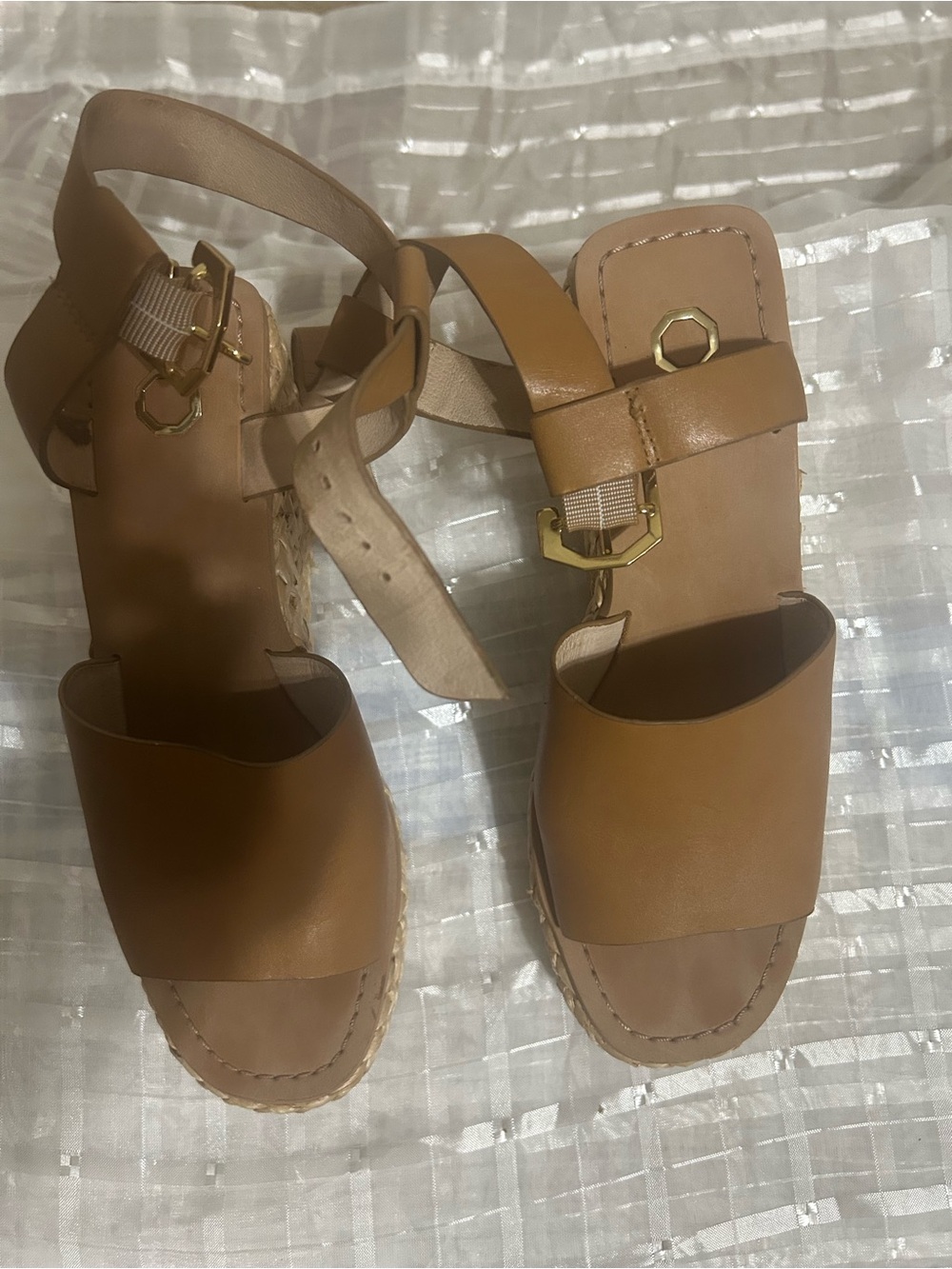 Louise et Cie Tan Leather Espadrille Wedge Sandals with Gold Hardware
